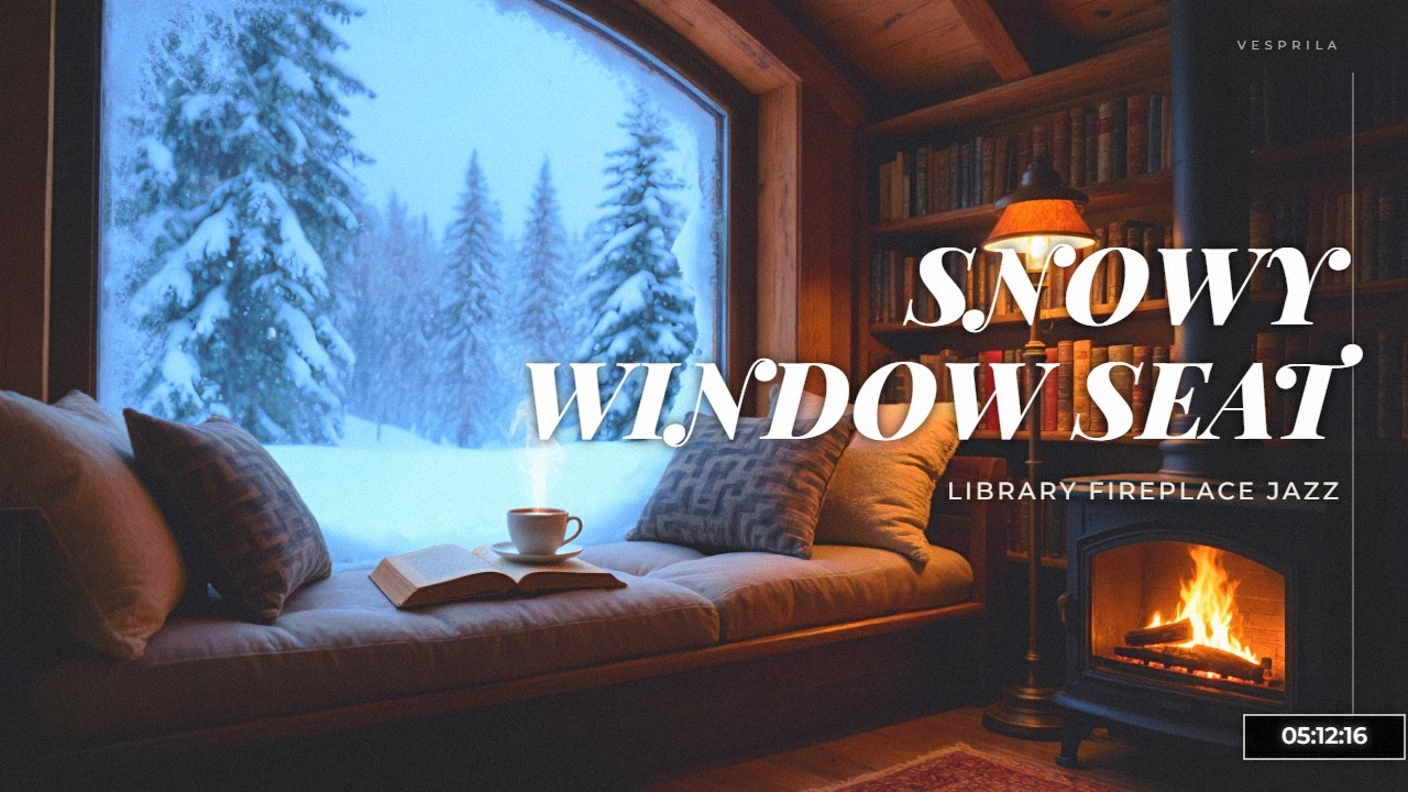 ❄️ Snowy Window Seat Jazz | 5 Hour Cozy Library Fireplace | Cozy Reading Jazz | Vesprila