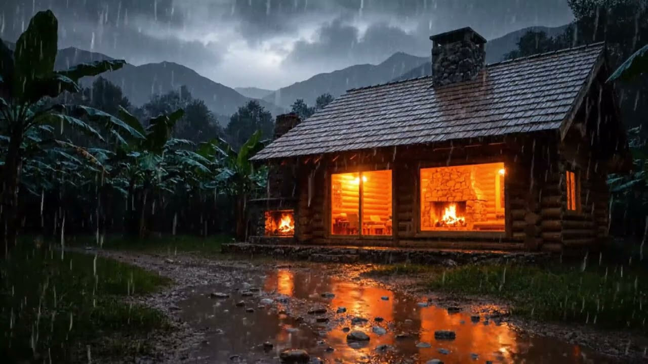 Rainy Night at a Cozy Cabin | Fireplace Glow & Tropical Rain Sounds for Deep Sleep