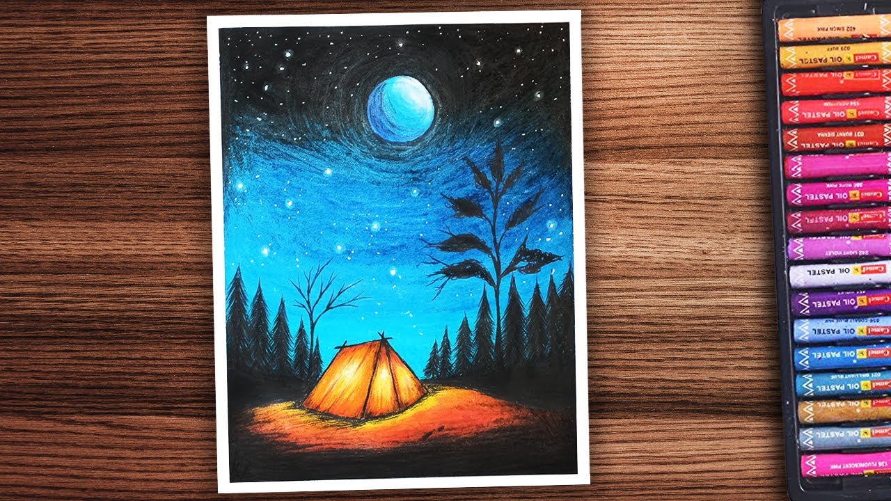 Night Camp Tent Oil Pastel Scenery | How to draw a Tent | Art with Tamim