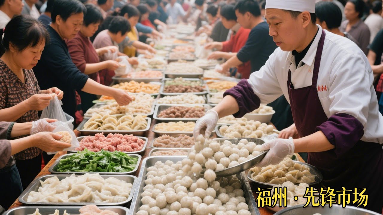 中国福州先锋市场早市，最具烟火气息的美食天堂，藏在烟火里的宝藏地，福州人的三餐四季，糯叽叽天堂！鱼丸、鱼饺、鱼滑、肉燕美食正宗，铁盆芋泥、马蹄糕、年糕、面包糕点种类繁多，秘制熟食香气扑鼻，人们疯狂抢购