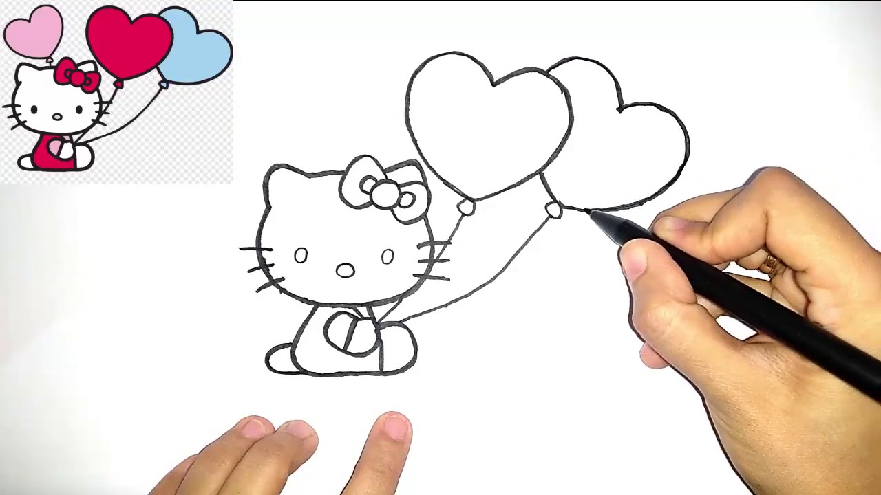 How to draw hello kitty with love balloons