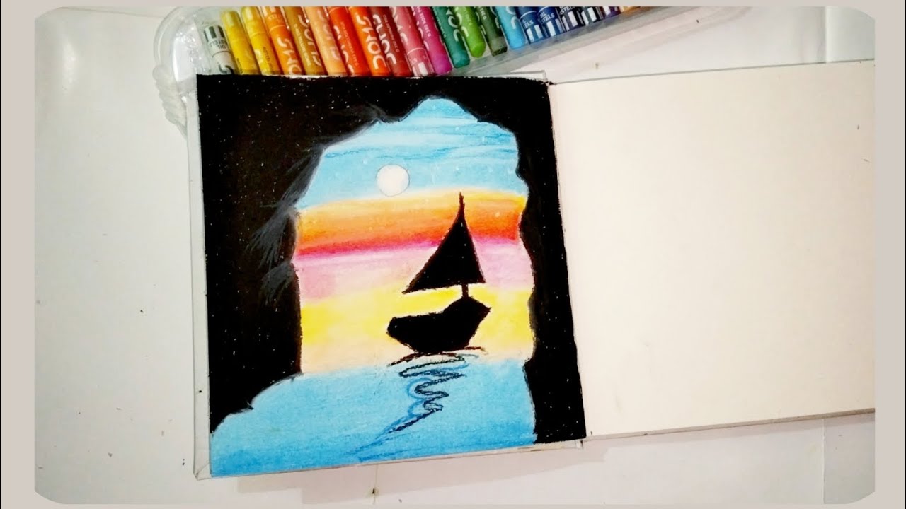 ​ Silhouette Art: A Magnificent Sunset Scene | Oil Pastel Drawing .