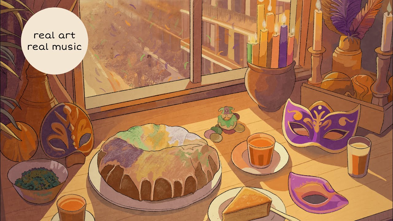 mardi gras, beads and king cake, upbeat lofi jazz melodies playlist