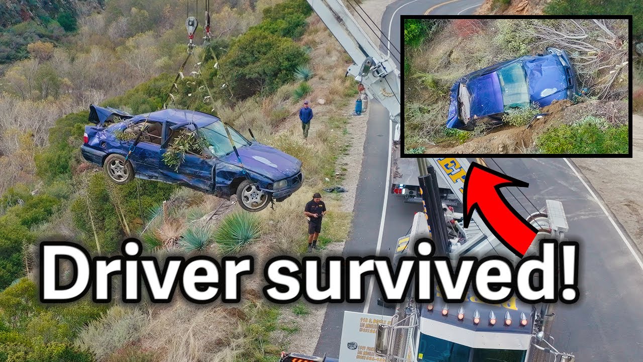 Driver in purple BMW survives crash down mountain