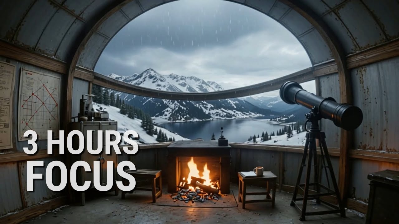 Cozy Mountain Observatory Ambience: Heavy Rain & Crackling Fireplace for Study, Reading, Focus