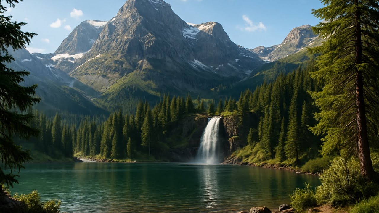  Alpine landscape where a crystal-clear waterfall
