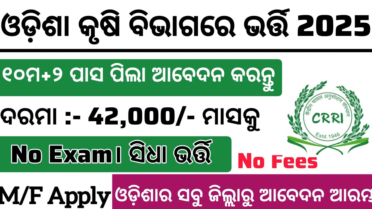ଓଡ଼ିଶା କୃଷି ବିଭାଗରେ ନିଯୁକ୍ତି ୨୦୨୫//ପରୀକ୍ଷା ନାହିଁ ! ସିଧା ଭର୍ତ୍ତି//ଦରମା: ୪୨,୦୦୦/-//Odisha Job Vacancy 