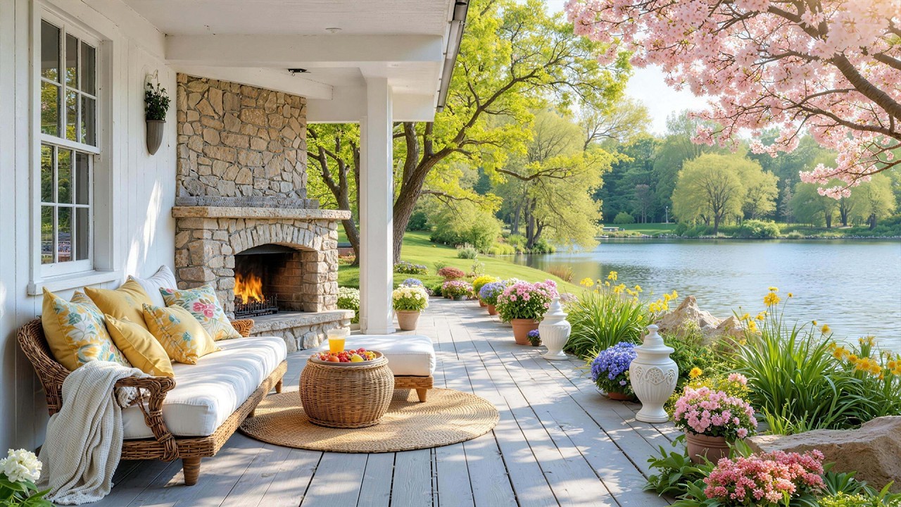 Spring Morning at Calm Porch Ambience 🌸 Warm Piano Music & Crackles Fire Glow to Unwind