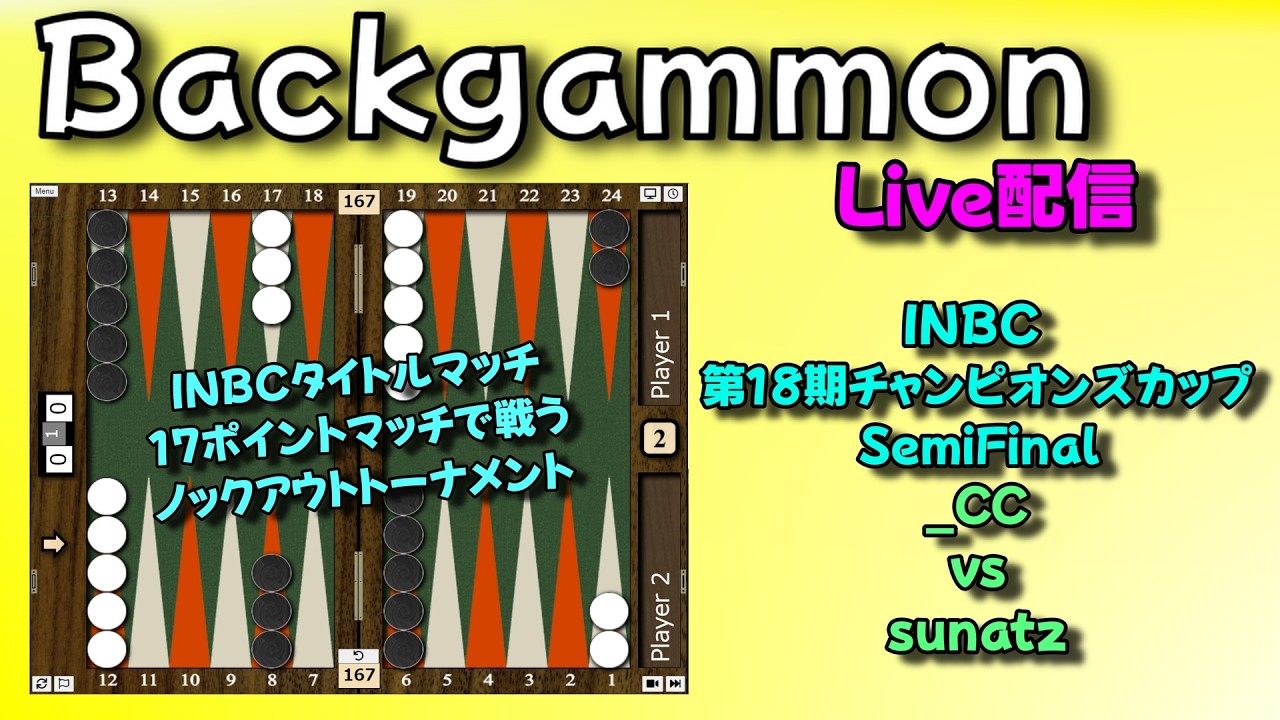 【Live】バックギャモン　INBC 第18期チャンピオンズカップ　SemiFinal　_CC vs sunatz