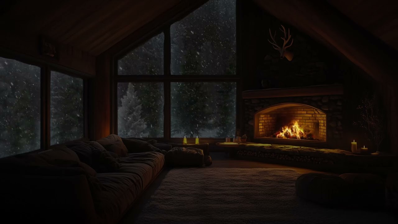 ❄️ Snowy Night Outside a Glass Cabin 🔥 Warm Fireplace Candle Ambience for Deep Sleep and Calm 😴