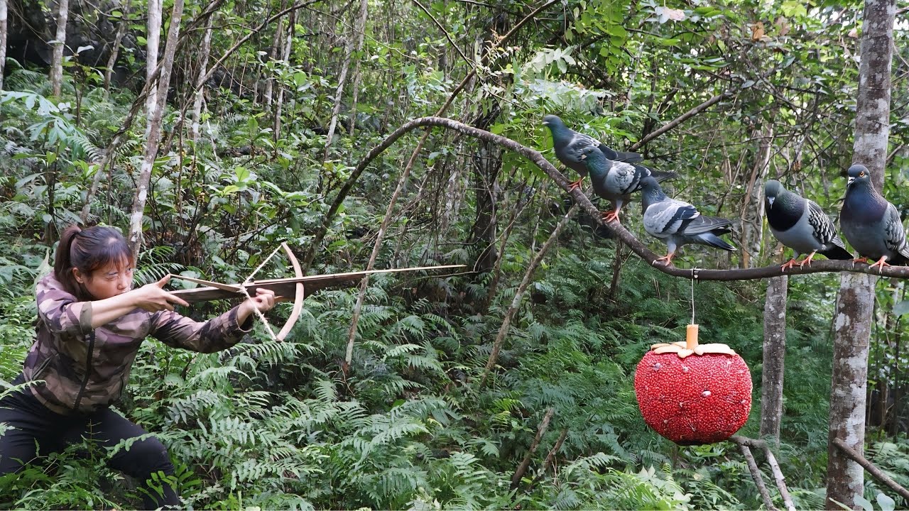 hunting wild pigeons, picking fruit for pigs and chickens, surviving in the wild, survival alone