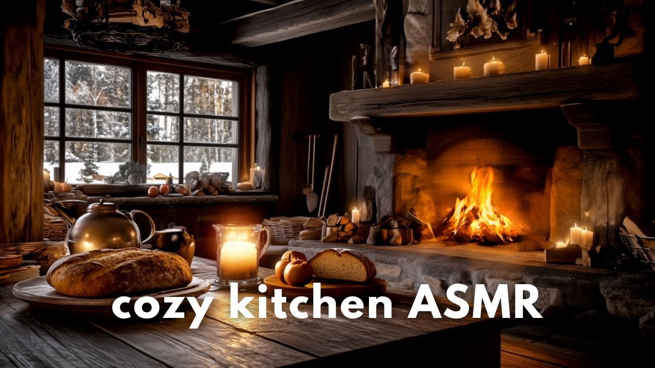 Rustic Kitchen Ambience 🔥 Cooking ASMR, Relaxing Sounds and Cozy Fireplace
