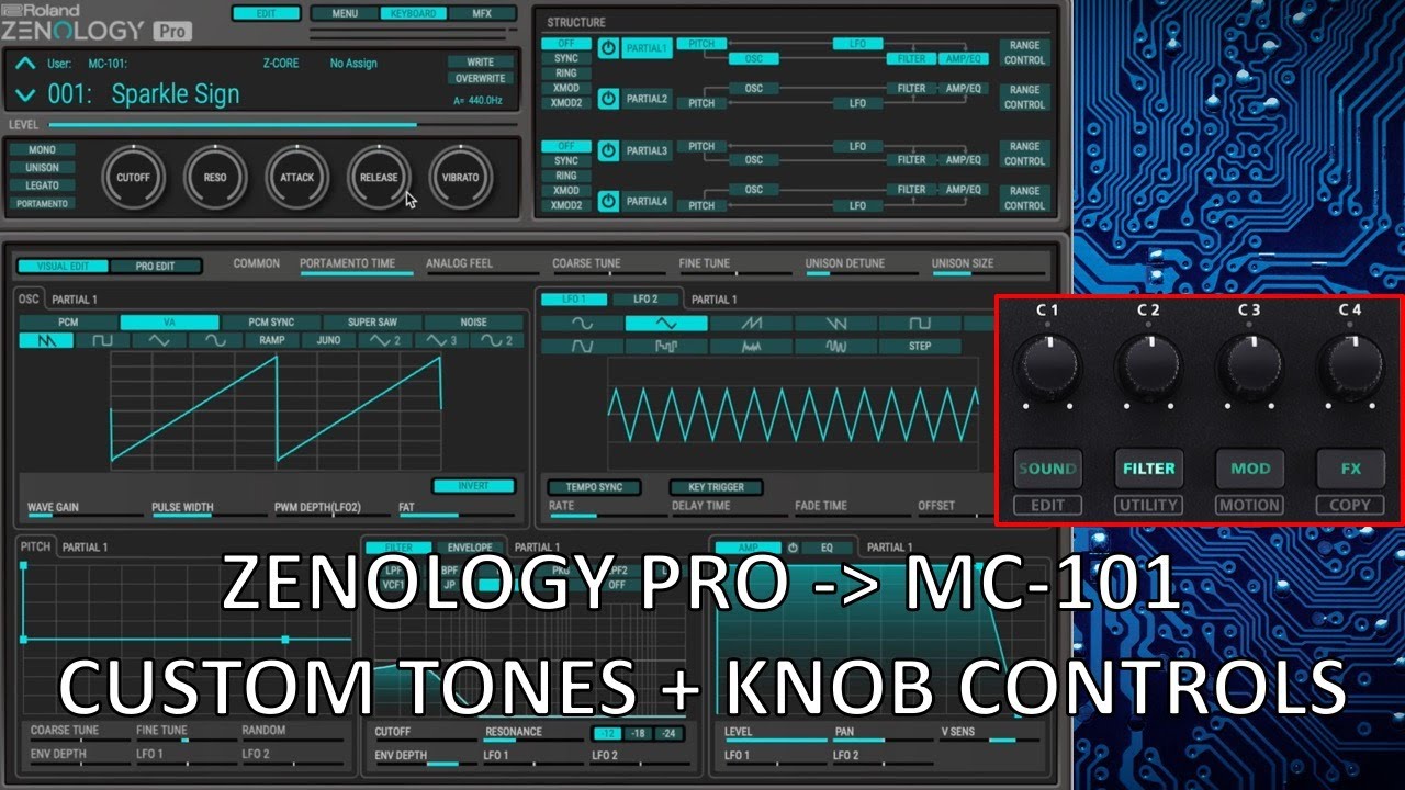 Roland MC-101 + Zenology Pro: Creating and exporting custom tones with knob controls.