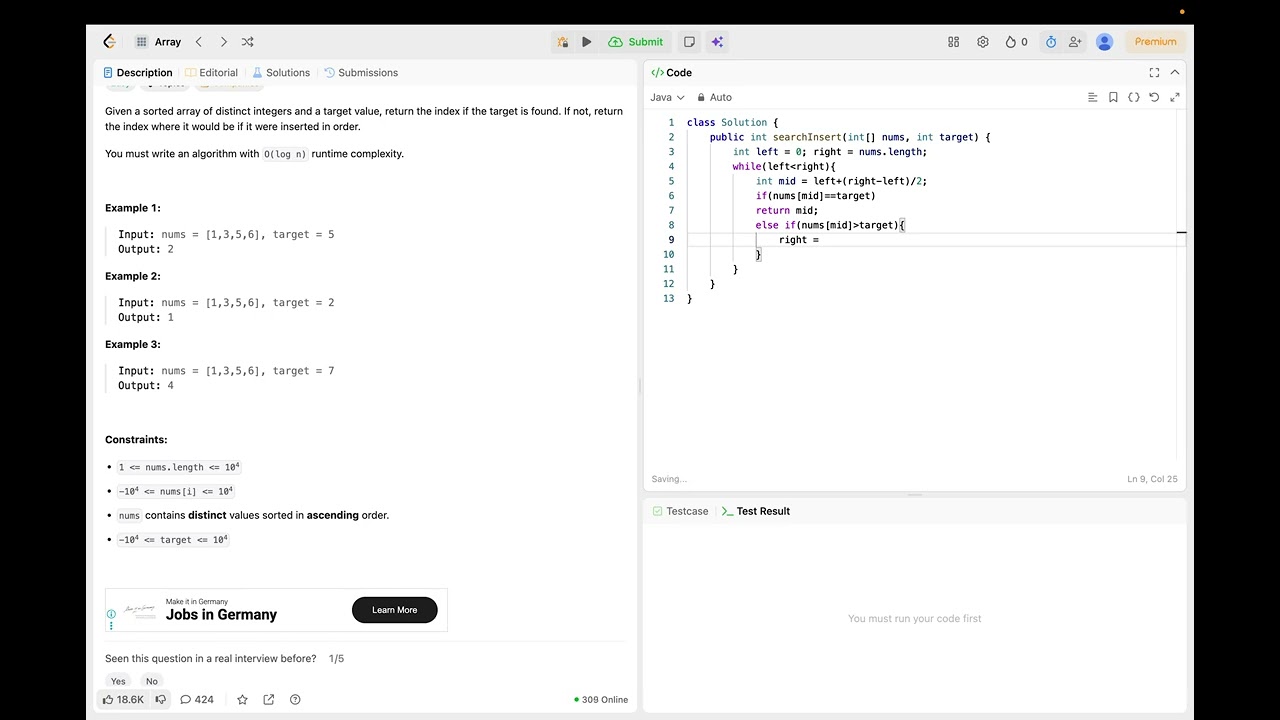 LeetCode #35 Search Insert Position Java | Interview Coding Question