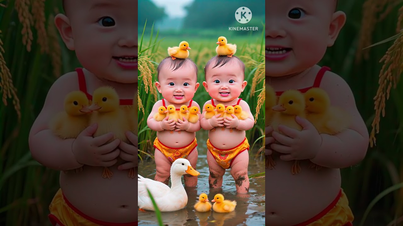 Cute baby boy having fun with two baby rabbits🦆🐤