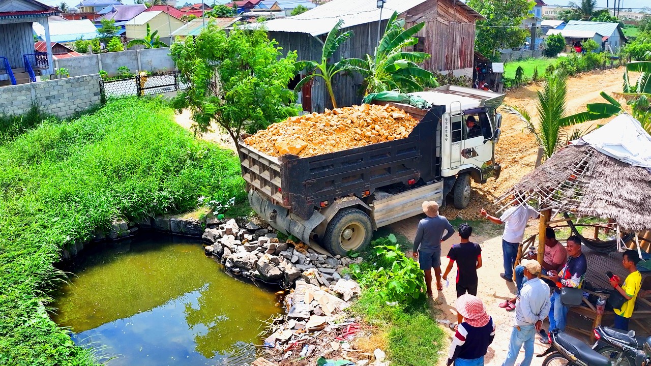 wonderful first landfill unload to pond , truck transport soil , bulldozer push soil stone to water