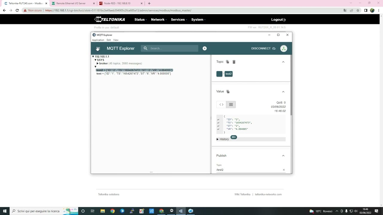 Teltonika RUT240 modbus master TCP and mqtt broker