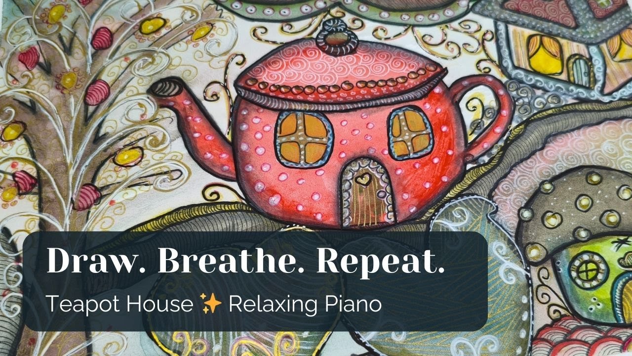Relaxing Reverse Coloring | Whimsical Teapot House | Watercolor & Zentangle (No Talking)