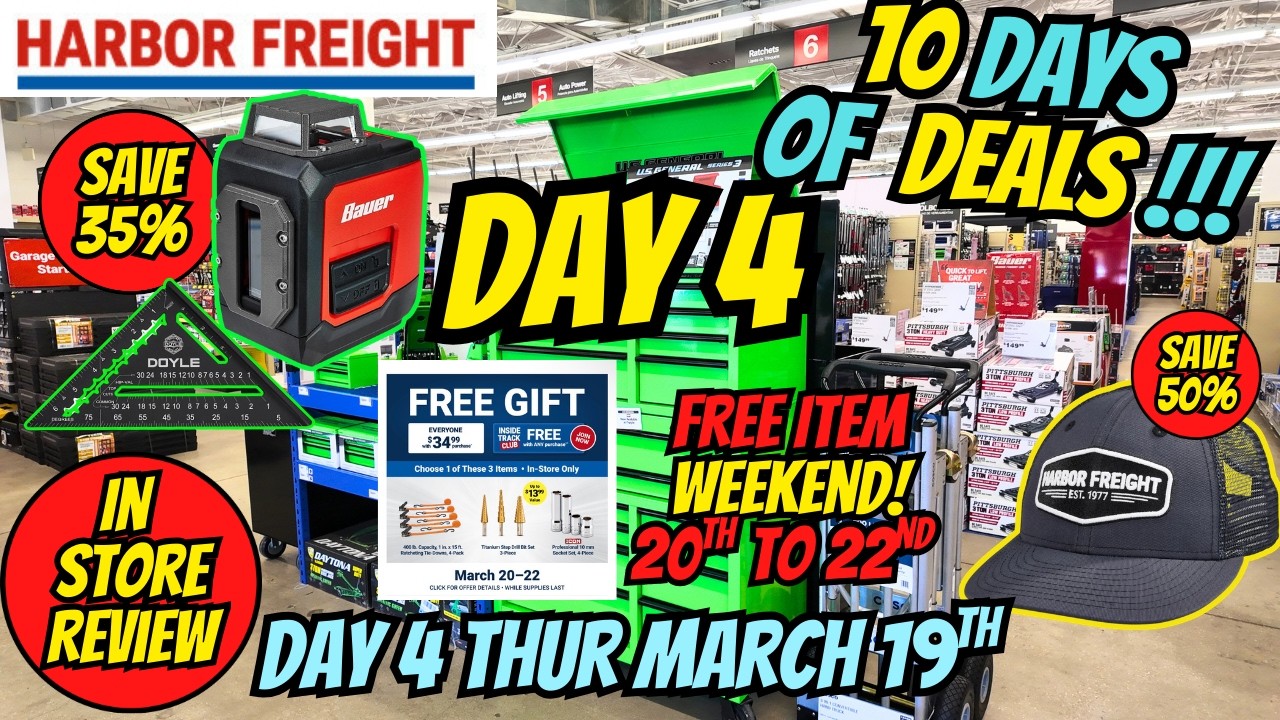 Day 4 Harbor Freight 10 Days Of Deals March 19th- 35% Off Levels + 50% Off Hat + FREE Items Weekend