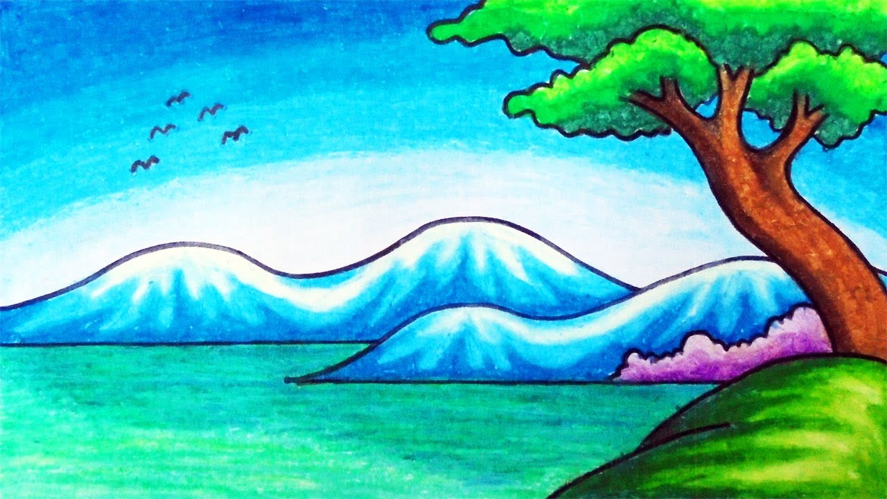 Cara Menggambar Pemandangan Gunung Dan Danau Untuk Pemula | Menggambar Pemandangan Alam Dengan Mudah