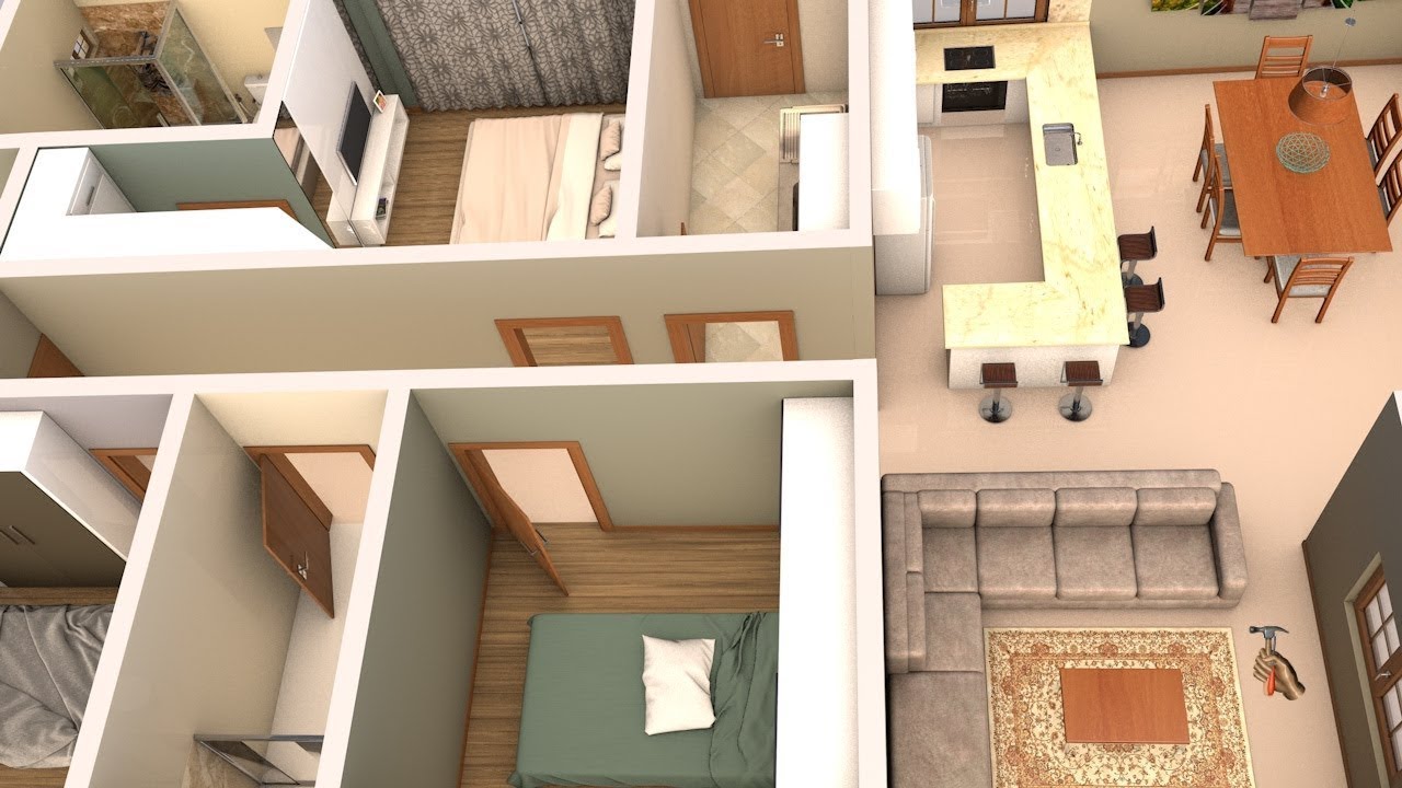 Planta 3D com três quartos e cozinha americana