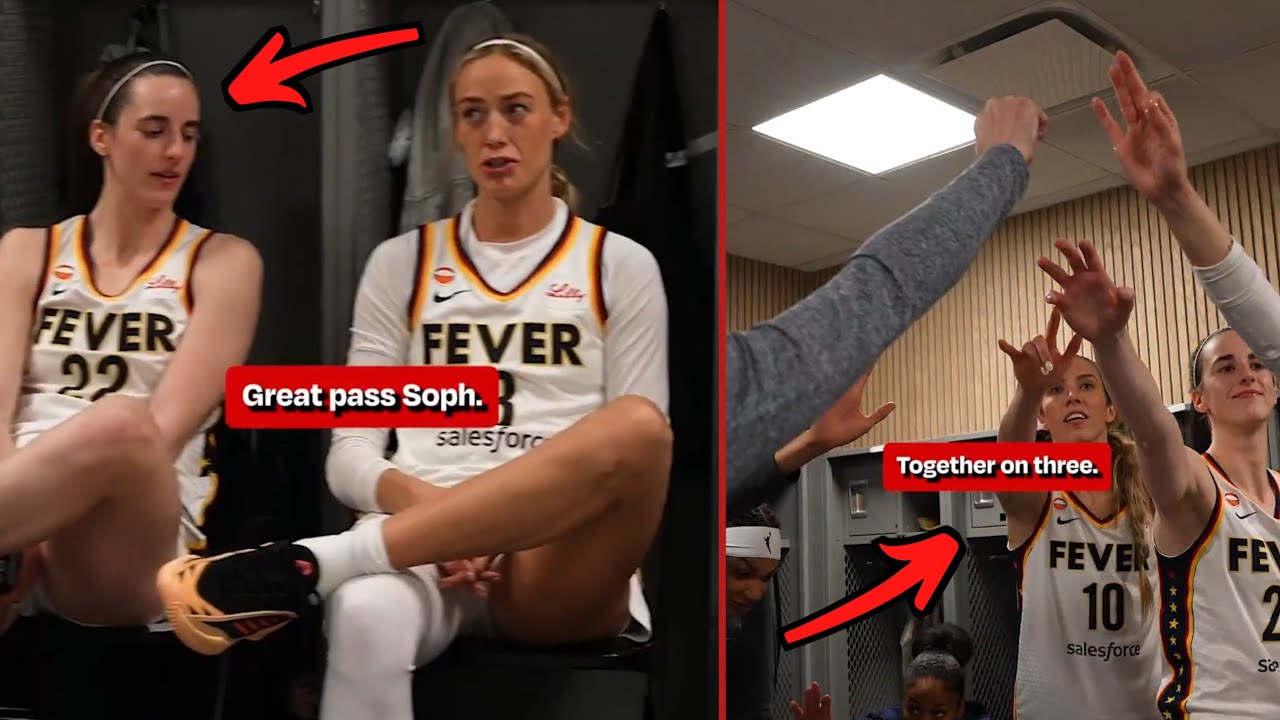 Празднование в раздевалке команды Indiana Fever после победного трёхочкового броска Кейтлин Кларк...