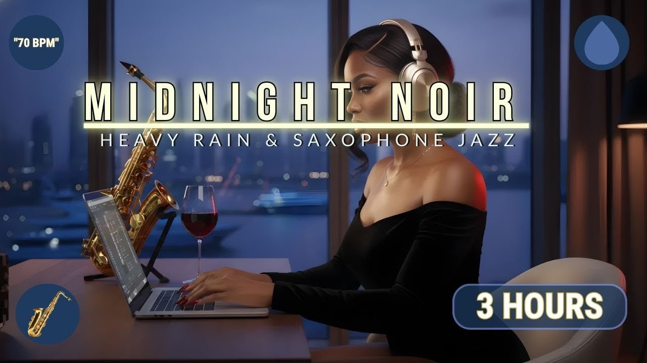 Heavy Rain & Smooth Tenor Sax Jazz • Midnight Noir for Deep Focus, Study, Sleep | 70 BPM