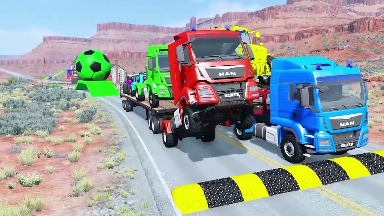 Flatbed Trailer McQueen Transportation with Truck - Speedbumps vs Cars vs Train - BeamNG.Drive #28