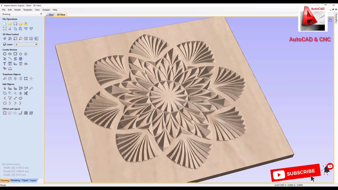 AutoCAD tracing flower for CNC router v bit tutorial in aspire