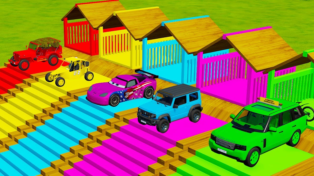 TRANSPORTING FIVE COLOR JEEP WILLYS , LIZARD, MCQUEEN CAR, SUZUKI, LWB V8 - Farming Simulator 22