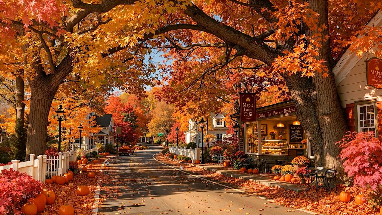 Golden Autumn Morning at a Small Town Caf&eacute; 🍂 Warm Jazz, Falling Leaves & Pumpkins for a Calm Start ☕