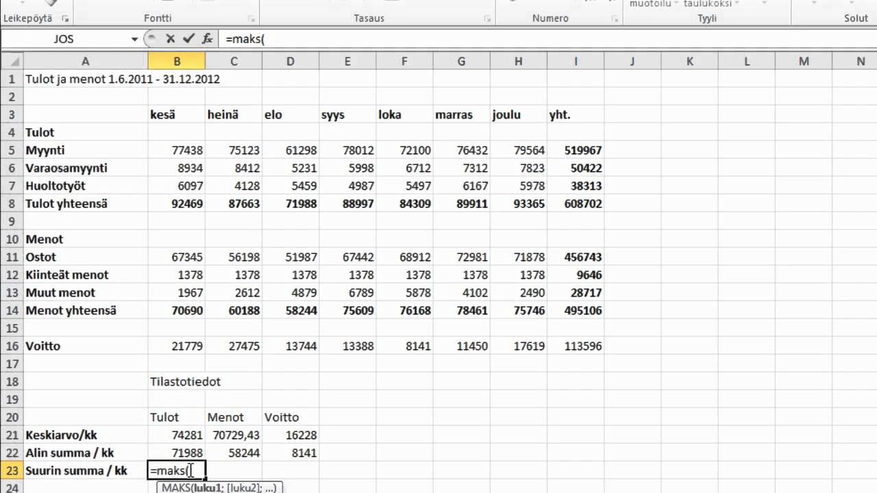 Excel - Tulot ja menot