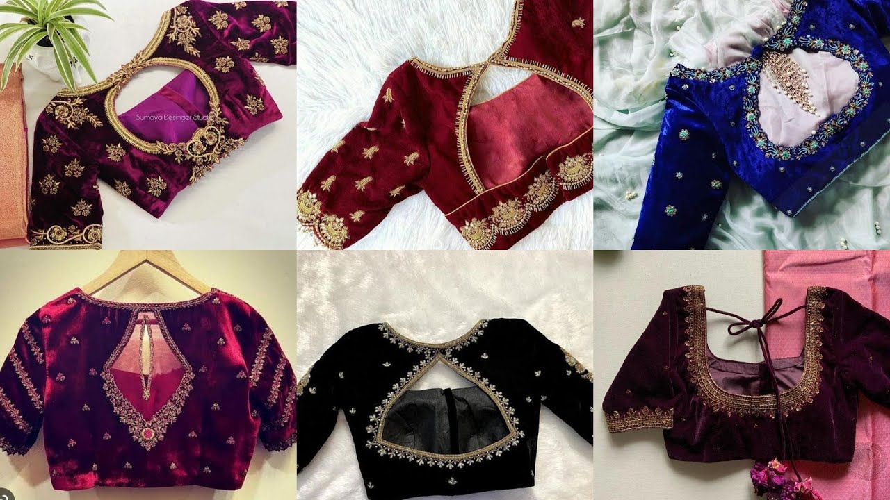 Pretty Velvet Aari Work Blouse Designs|velvet fabric aari work blouse desins|bridal velvet blouse