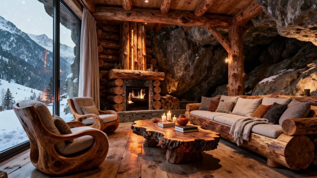 Warm Cave Living | Luxury Cozy Mountain Living Room | Fireplace Ambience & 4 Hours