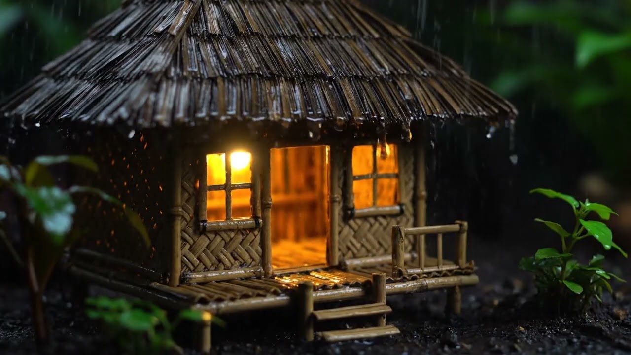 🌧️ Rainy Night in a Cozy Wooden Hut Village 🌲| Sleep, Study, Relax