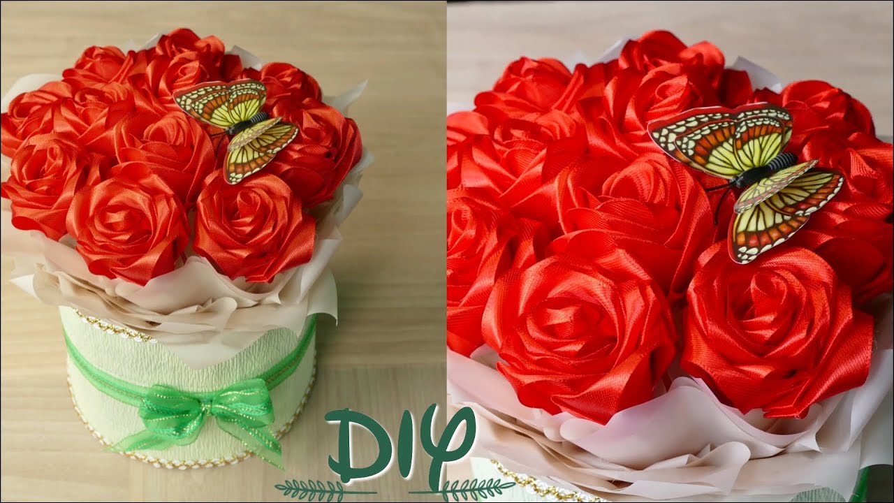 РОЗЫ из атласных лент/ Коробка цветов своими руками. ROSES from satin ribbons / DIY flower box.
