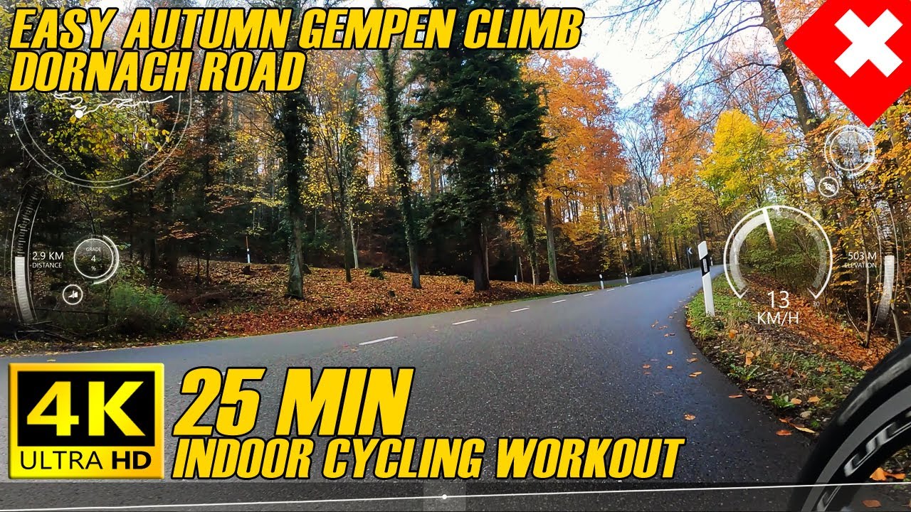 Cycling Switzerland 4K - Gempen Climb Autumn - 25 Min Workout With Speed, RPM, Profile and Gradient