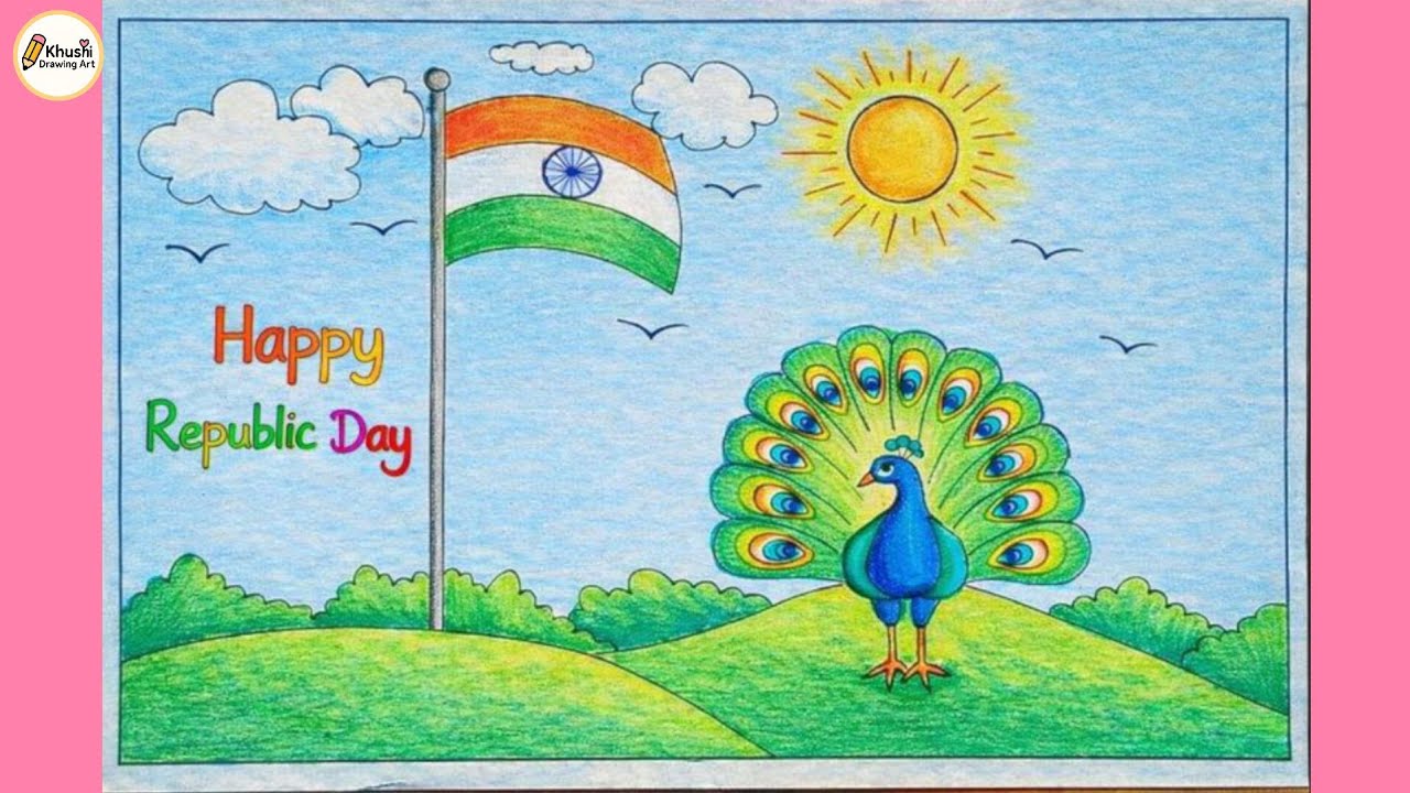 Republic Day Drawing for Kids 🎨 | Indian Flag & Peacock Scenery Drawing