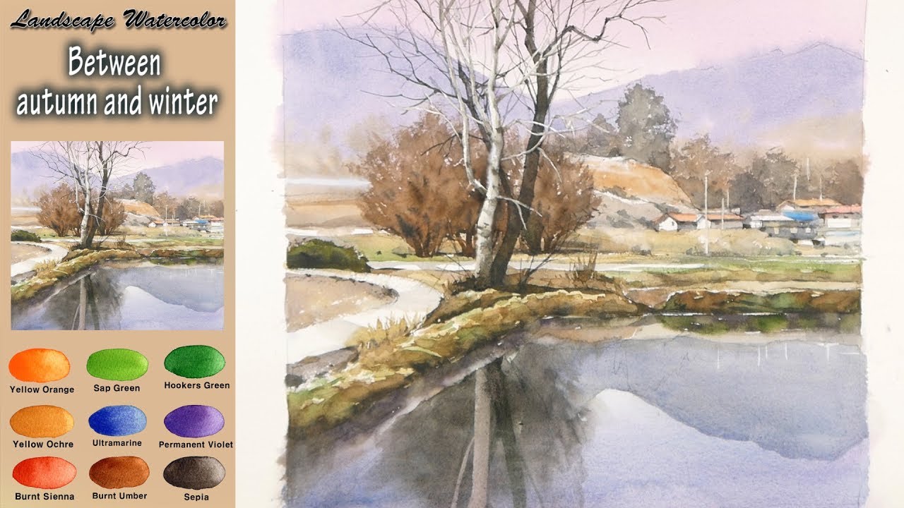 Между осенью и зимой - пейзажная акварель (Masking Work, Arches rough)NAMIL ART