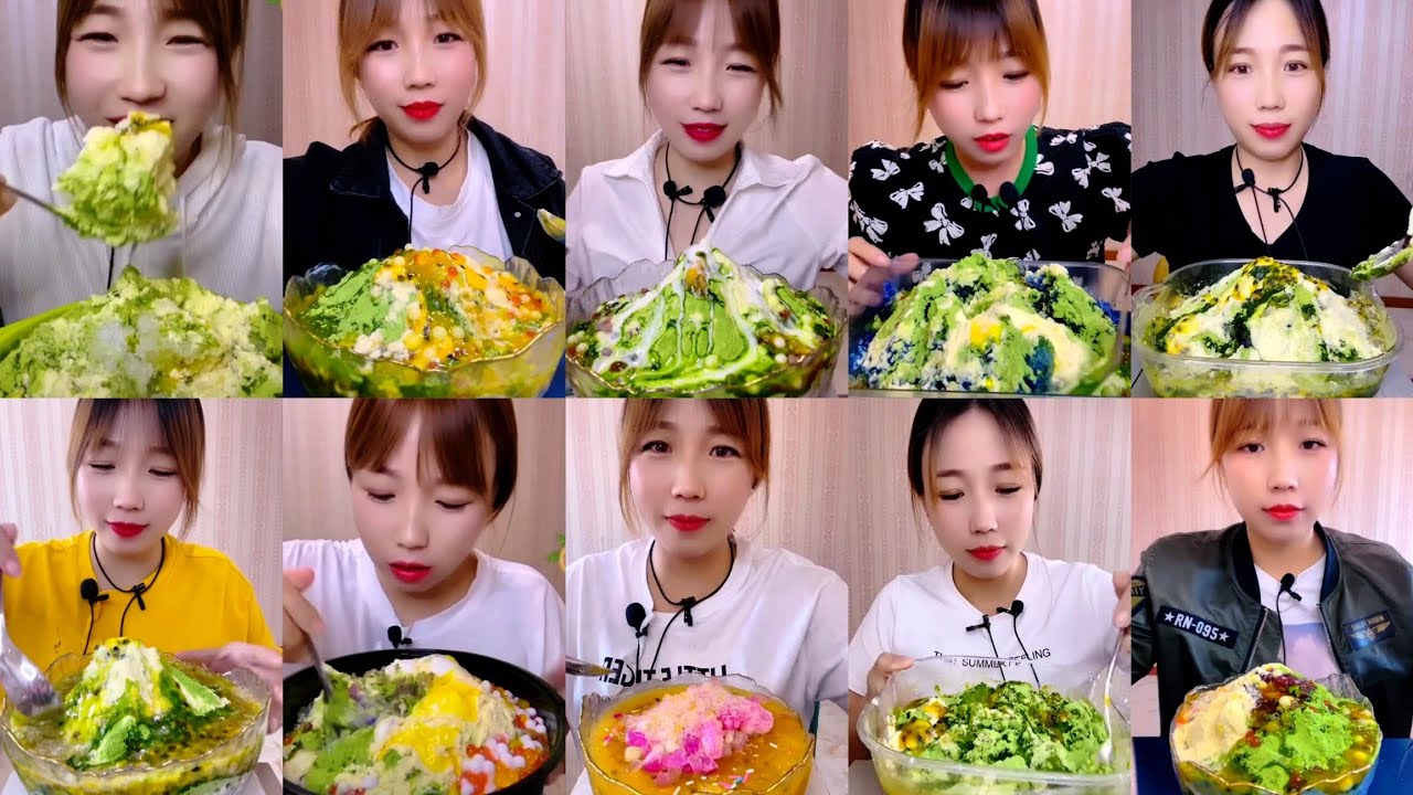 MIX PASSION FRUIT, MATCHA AND MILK POWDER BOWL SHAVED ICE EATING ASMR💚🧊💛