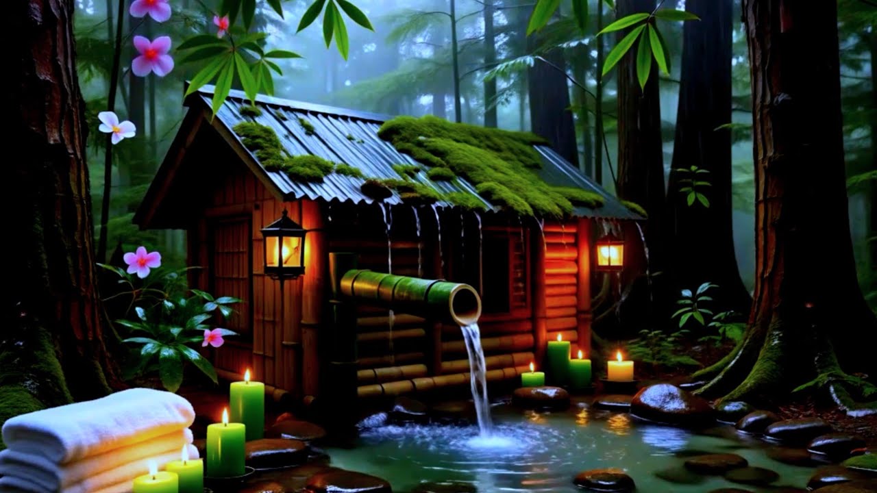 Forest Cabin Night Ambience – Gentle Water Sounds with Relaxing Piano