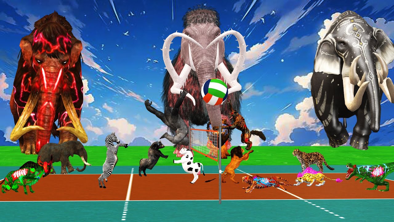 3 Giant Woolly Mammoth vs Panther Lion Wolf Volleyball Match Cow Gorilla Buffalo Saved By Mammoth