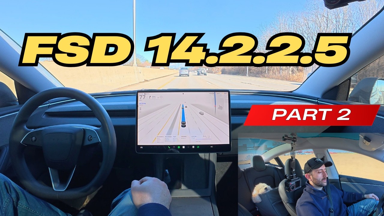 Дальнейшее развитие Tesla FSD 14.2.2.5 — движение по шоссе, смена полосы движения и проезд через ...
