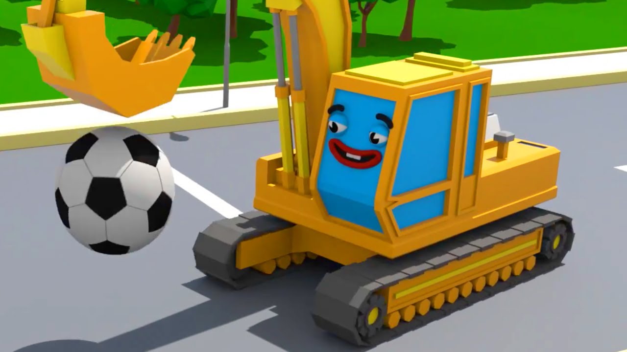 Gelber Bagger spielt der Fu&szlig;ball in der Stadt - Cars Town - Zeichentrickfilm f&uuml;r Kinder