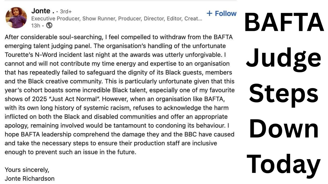 BAFTA Judge, Jonte Richardson, steps down after racial slur incident at awards ceremony