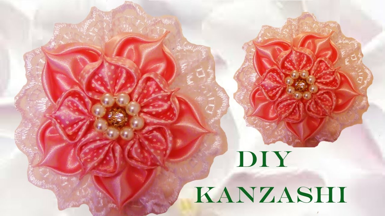 DIY Kanzashi flowers in satin ribbons - flores pétalos  corazón en cintas