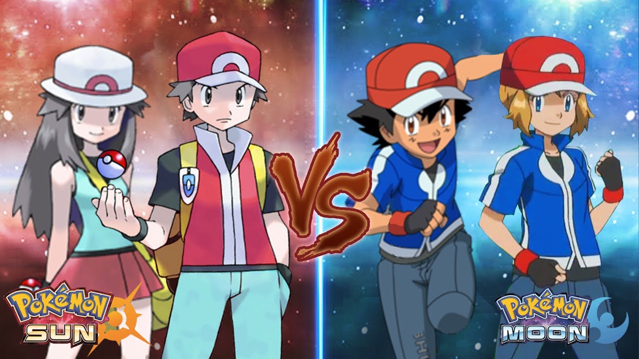 Pokemon Sun and Moon Red and Leaf Vs Ash and Serena (Amourshipping Battle)