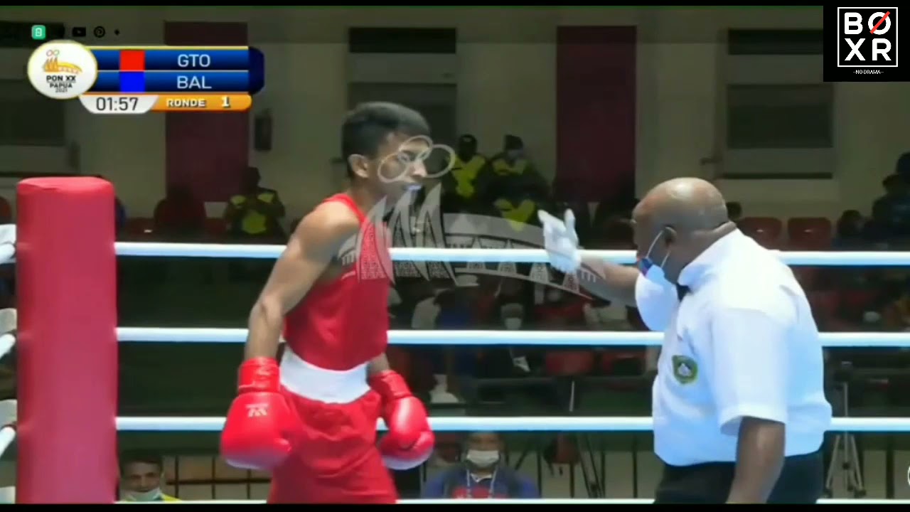 Tinju Pon Papua. Cukup 1 ronde kornelis (Bali) atasai Mohamad Bakir (GTO) kelas 46-49 kg