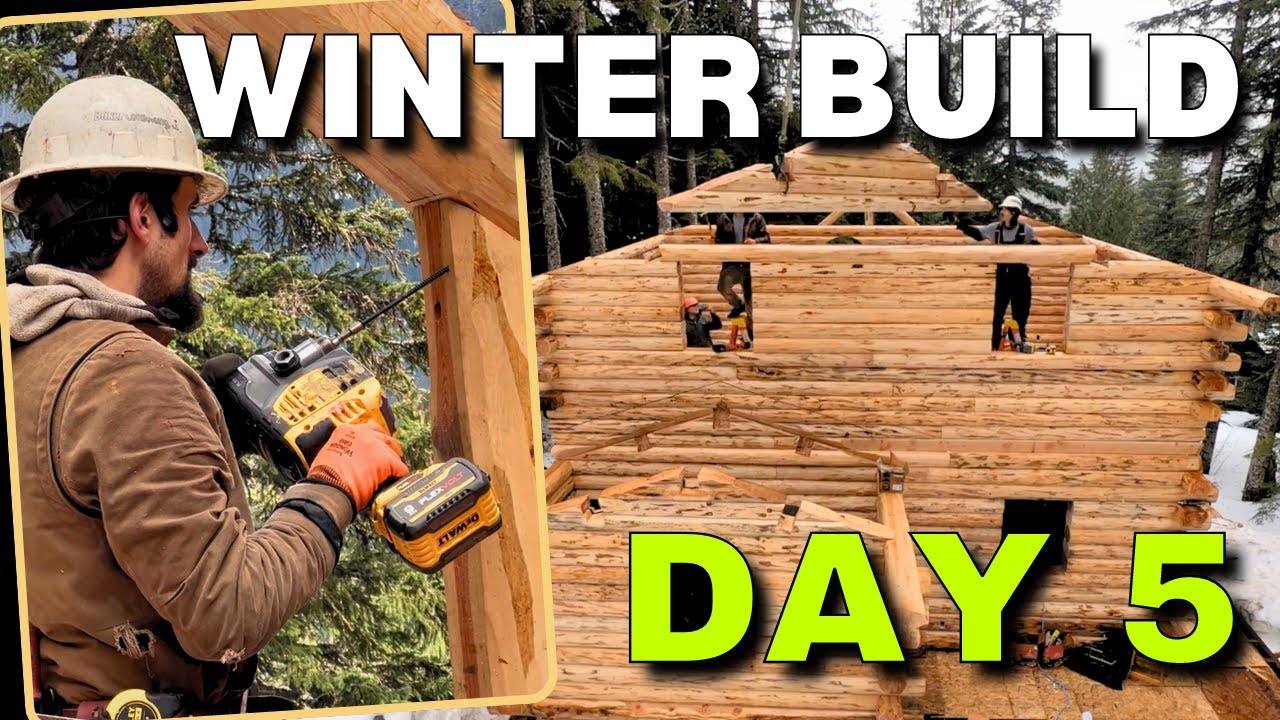 Day 5 | Extreme Log Cabin Winter Build | Log Truss/Gables/Purlins