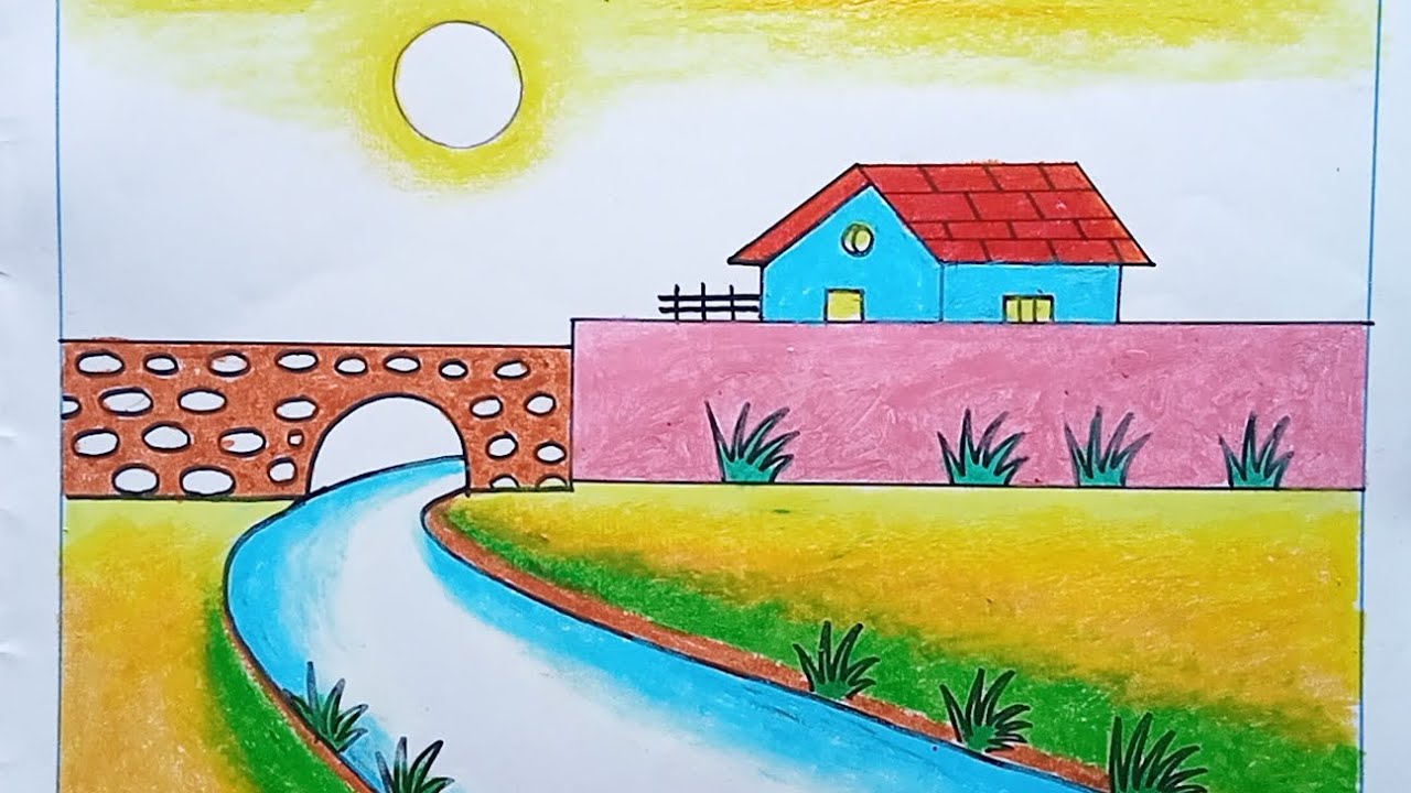 How to draw a village scenary ? গ্রামের সিনারি আঁকবো কিভাবে//Easy village scenary drawing.